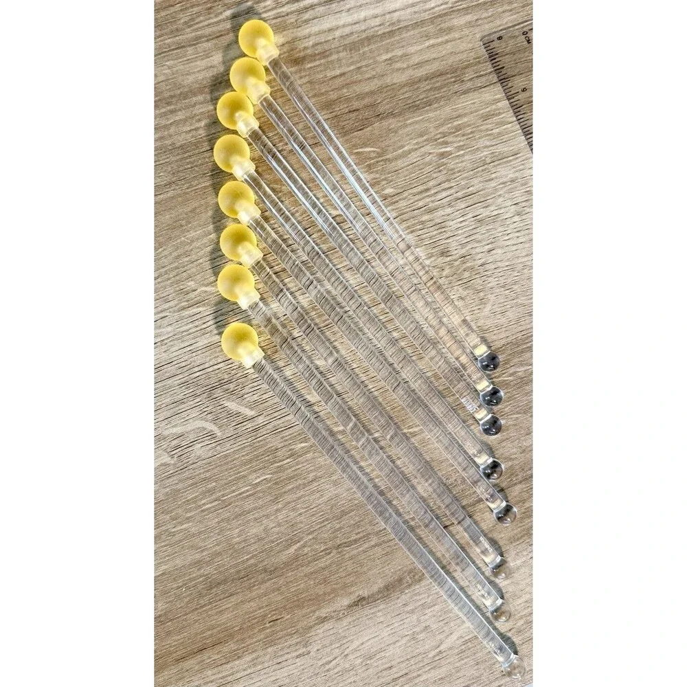 Yellow Lemon Ball Tipped Swizzle Sticks Set Of 8 Clear Acrylic Vintage Barware